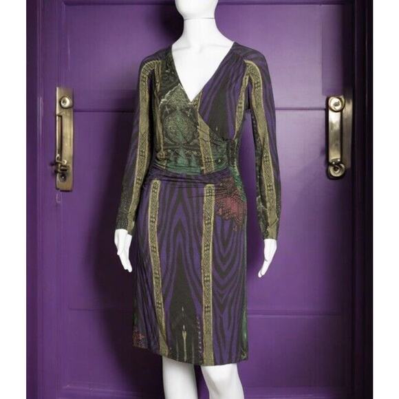 Etro Italy Purple Green Multi Paisley Long Sleeve V-Neck Dress sz 42 M US 6 - Picture 4 of 14